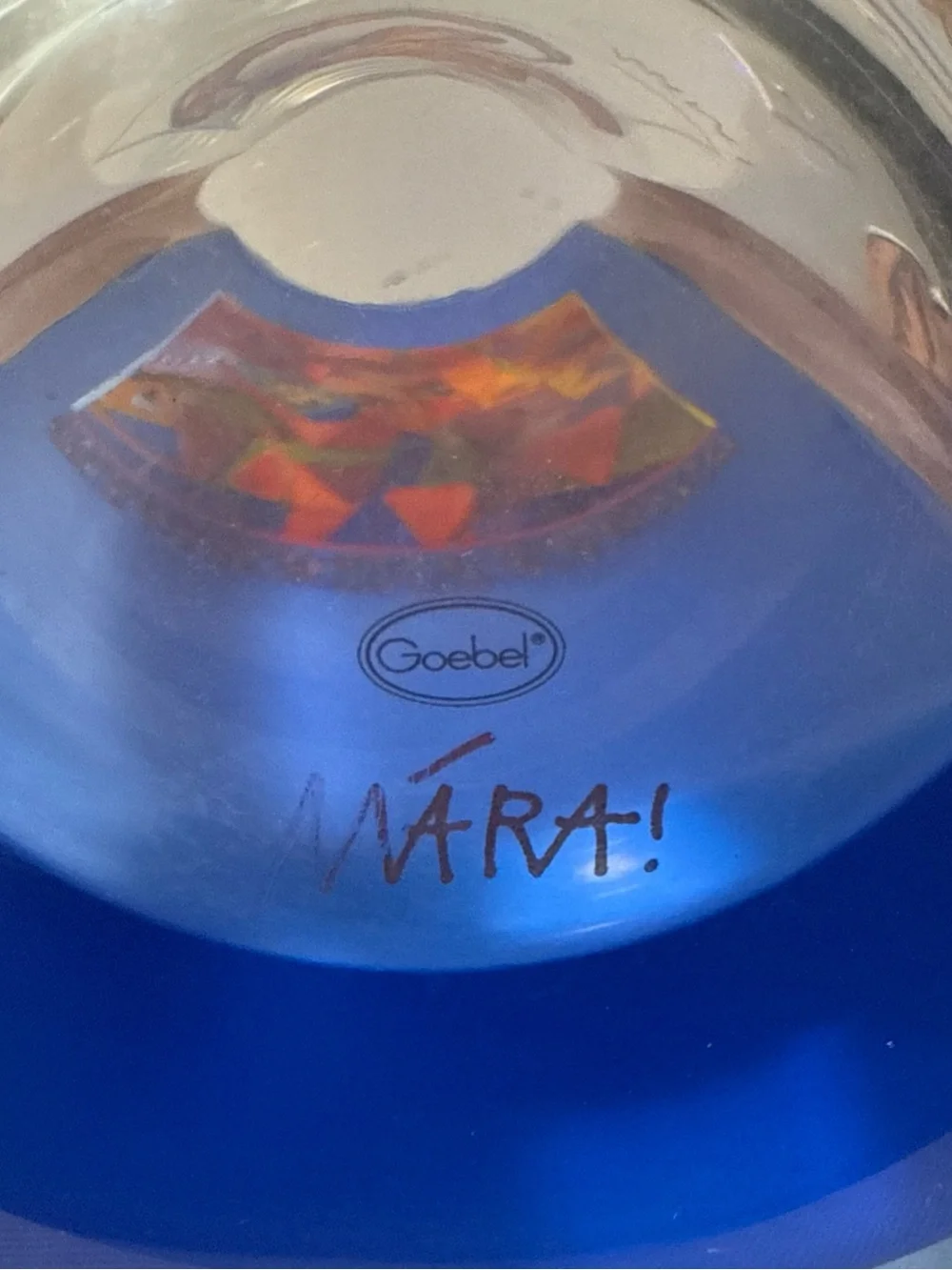 Goebel Blue Glass Vase with Multicolor Heart Motif signed MARA! 30cm tall